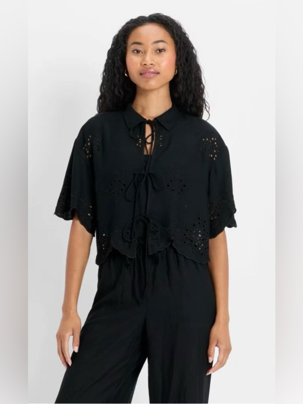 Women's Short Sleeve Embroidered Tie-Front Blouse - Future Collective